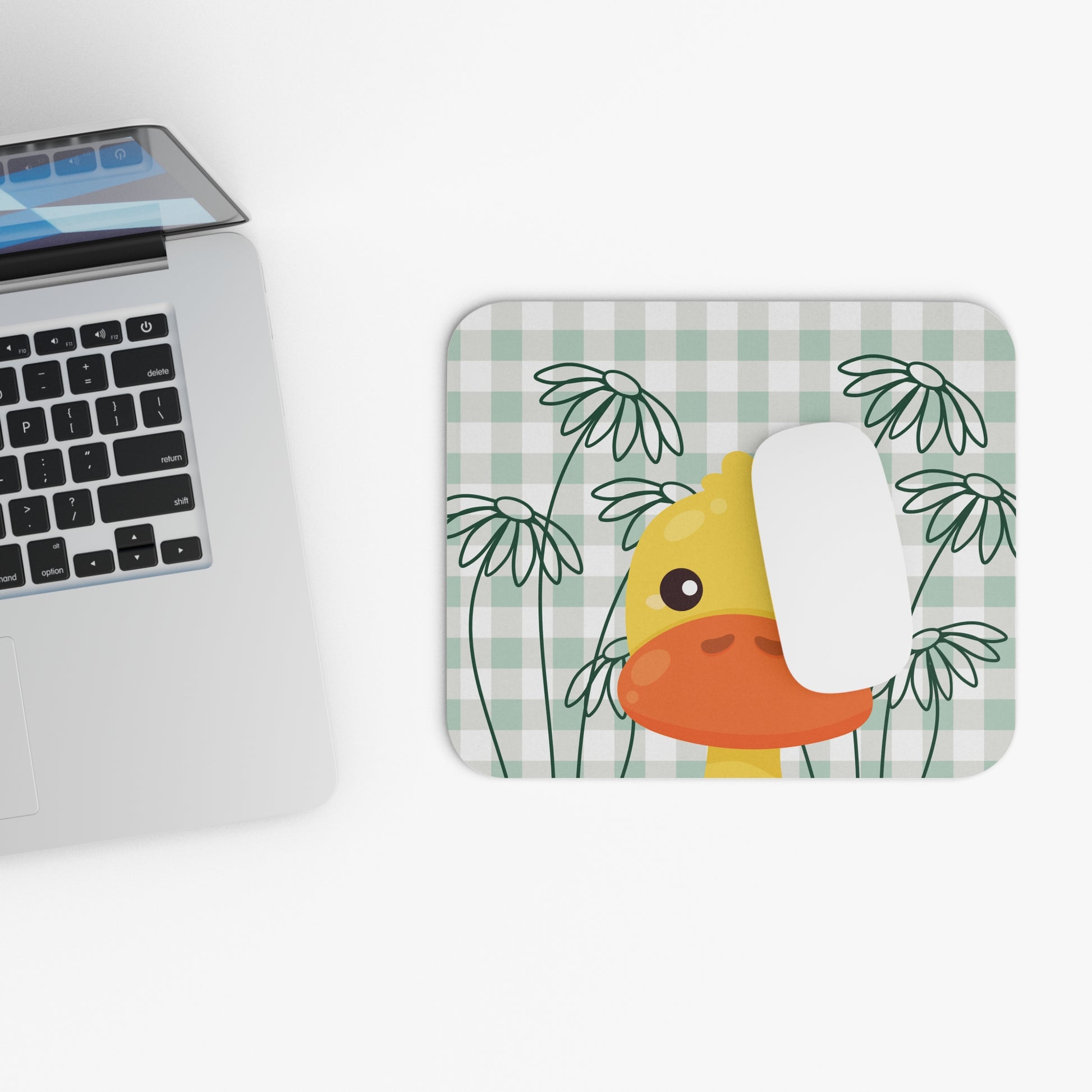 Whimsical duck-themed mouse pad with pastel gingham and daisies, ideal for spring dorm decor and college workspace vibes