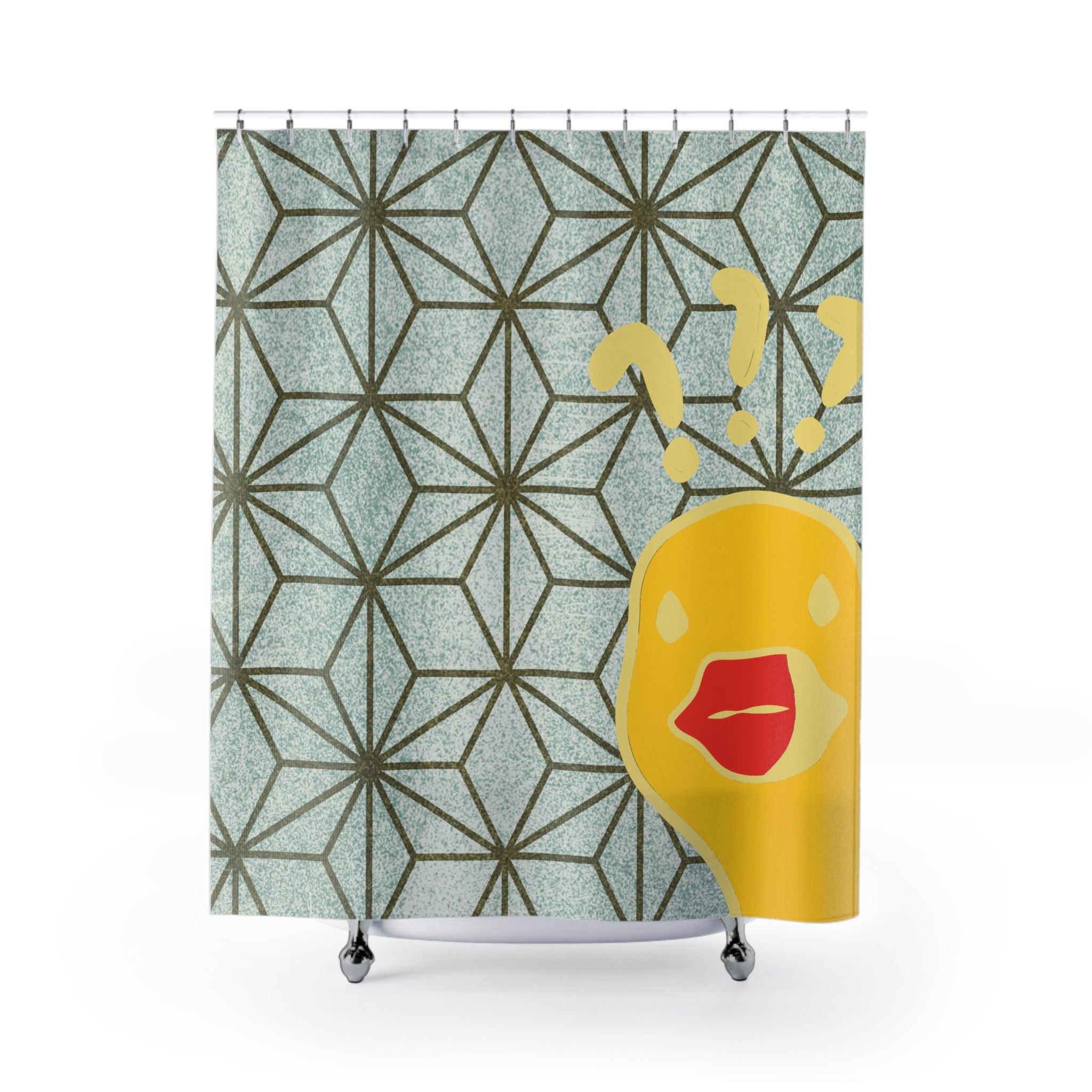 Green geometric shower curtain with funny ‘What the Duck’ phrase for college dorms