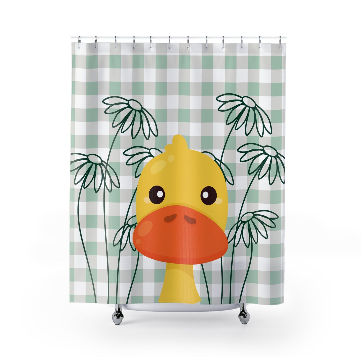 Green gingham shower curtain with duck and daisy design for cozy college dorm bathrooms