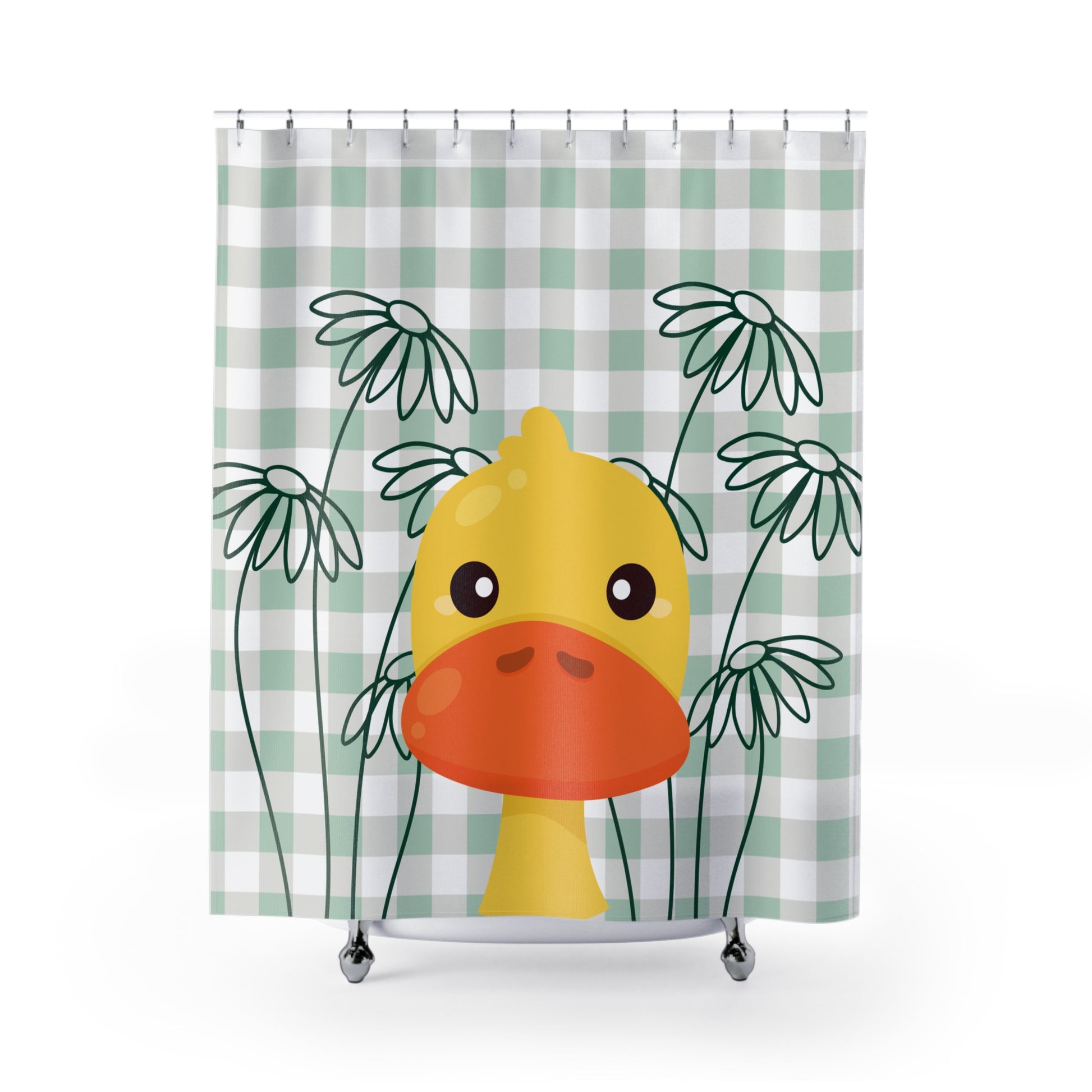 Green gingham shower curtain with duck and daisy design for cozy college dorm bathrooms
