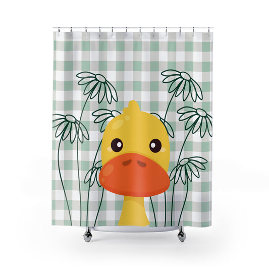 Green gingham shower curtain with duck and daisy design for cozy college dorm bathrooms