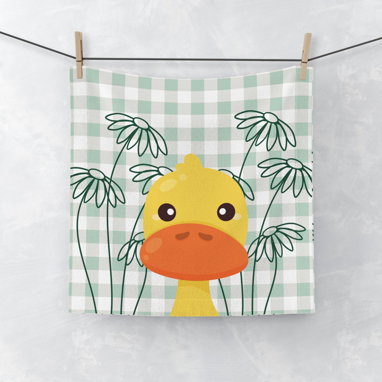 Green gingham face towel with duck and daisy pattern for dorm bathroom decor
