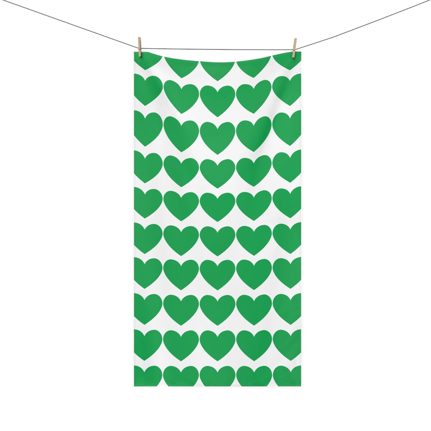 Bathroom towel featuring scattered green hearts – soft and whimsical decor for cozy home and dorm spaces