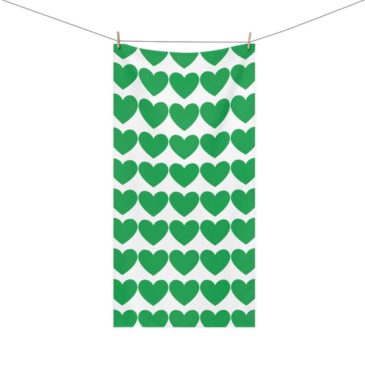 Bathroom towel featuring scattered green hearts – soft and whimsical decor for cozy home and dorm spaces