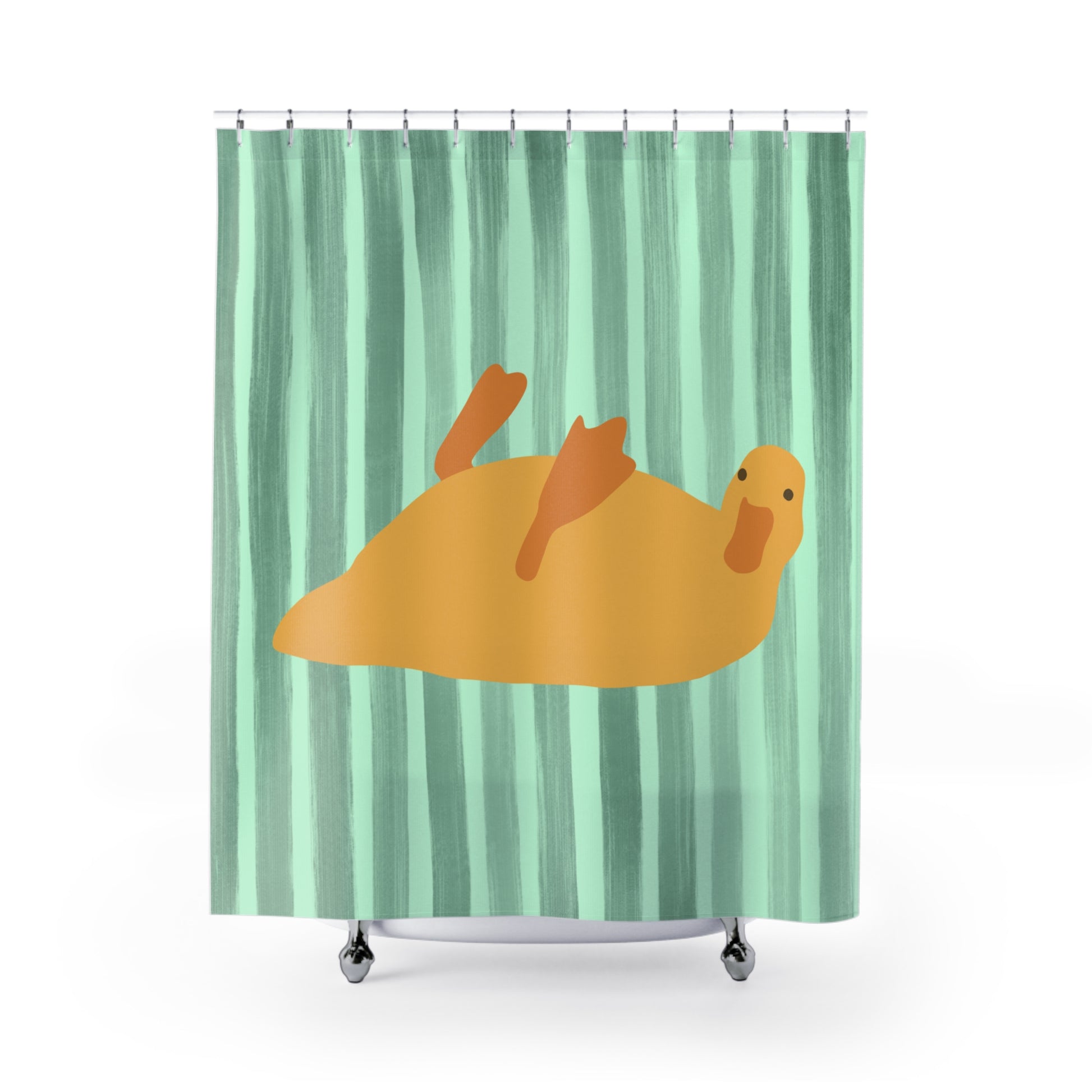 Green striped shower curtain with quirky bed rot duck illustration for cozy college dorm bathrooms