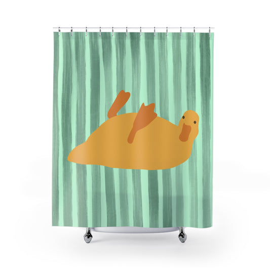 Green striped shower curtain with quirky bed rot duck illustration for cozy college dorm bathrooms