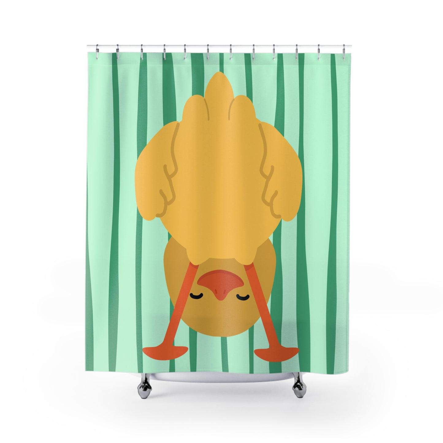 Green striped shower curtain with upside-down duck graphic for college dorm bathroom decor
