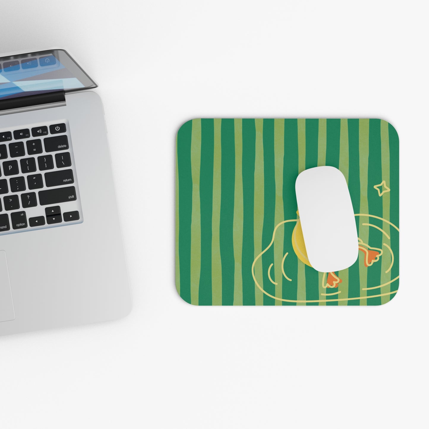 Vibrant striped desk mat in University-inspired colors with a subtle duck illustration, perfect for student workspace aesthetics