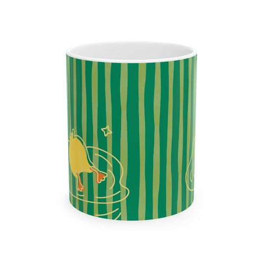 Ceramic mug with green and yellow stripes and diving duck illustration, perfect for college dorm kitchen style