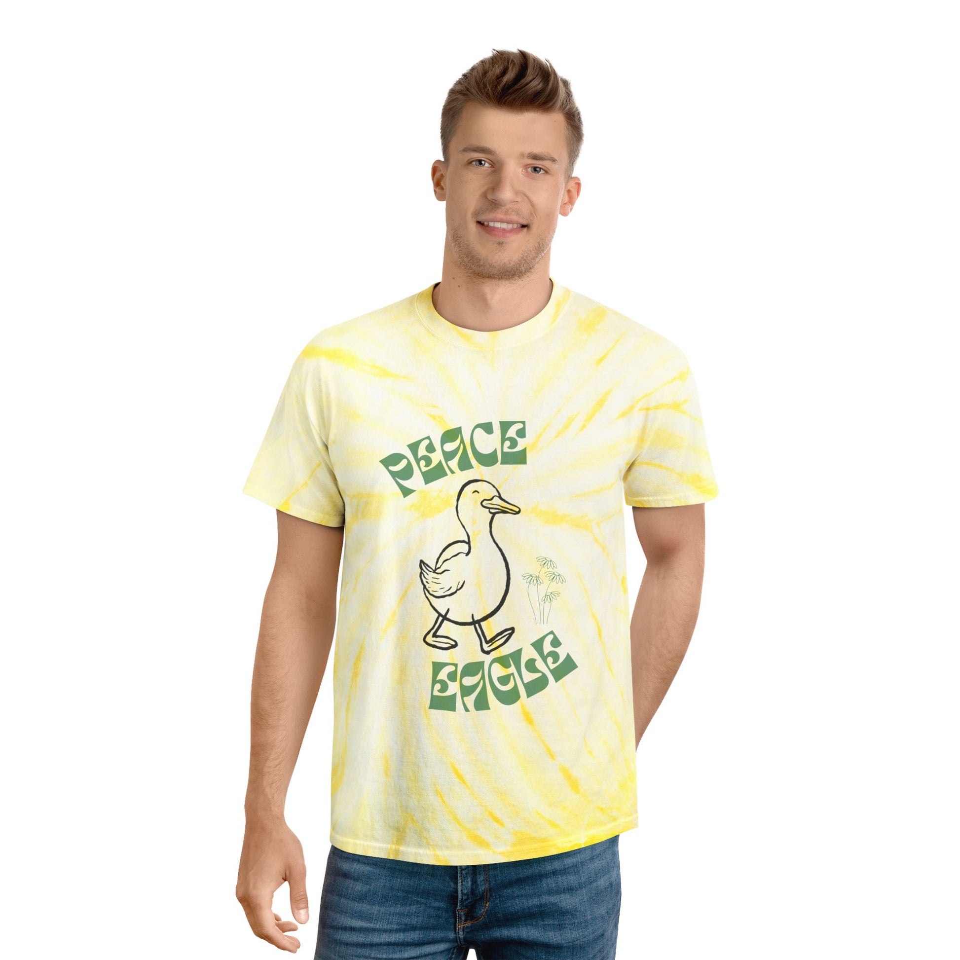 Green and yellow tie-dye shirt with “peace eagle > war eagle” text, styled for playful college football fans with Oregon pride.