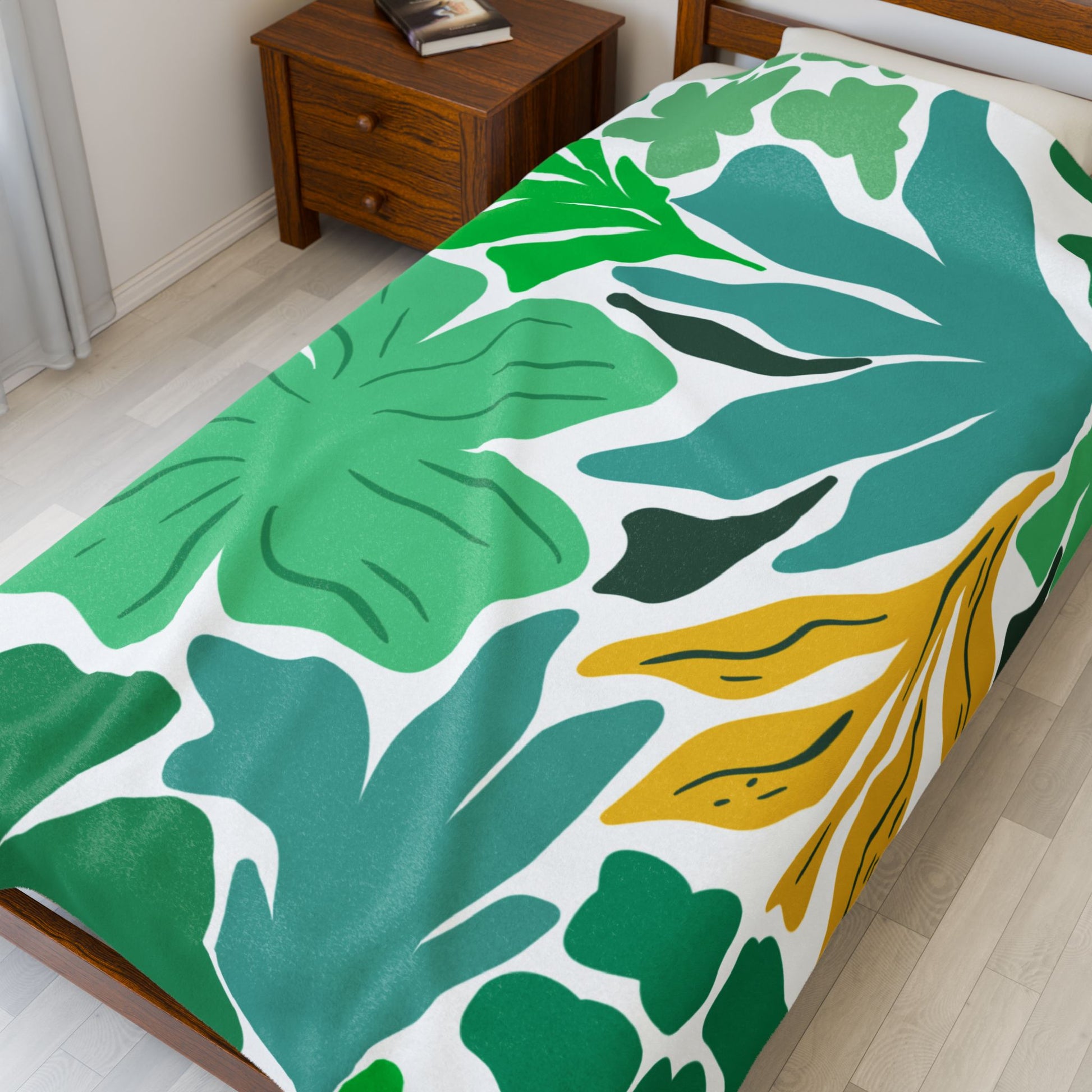 Close-up of plush texture with maximalist green and yellow botanical design