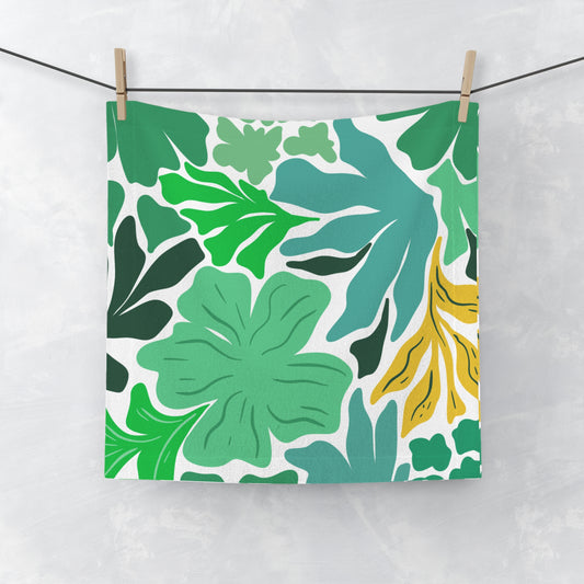 Maximalist green and yellow face towel with tropical floral design for college dorm bathrooms