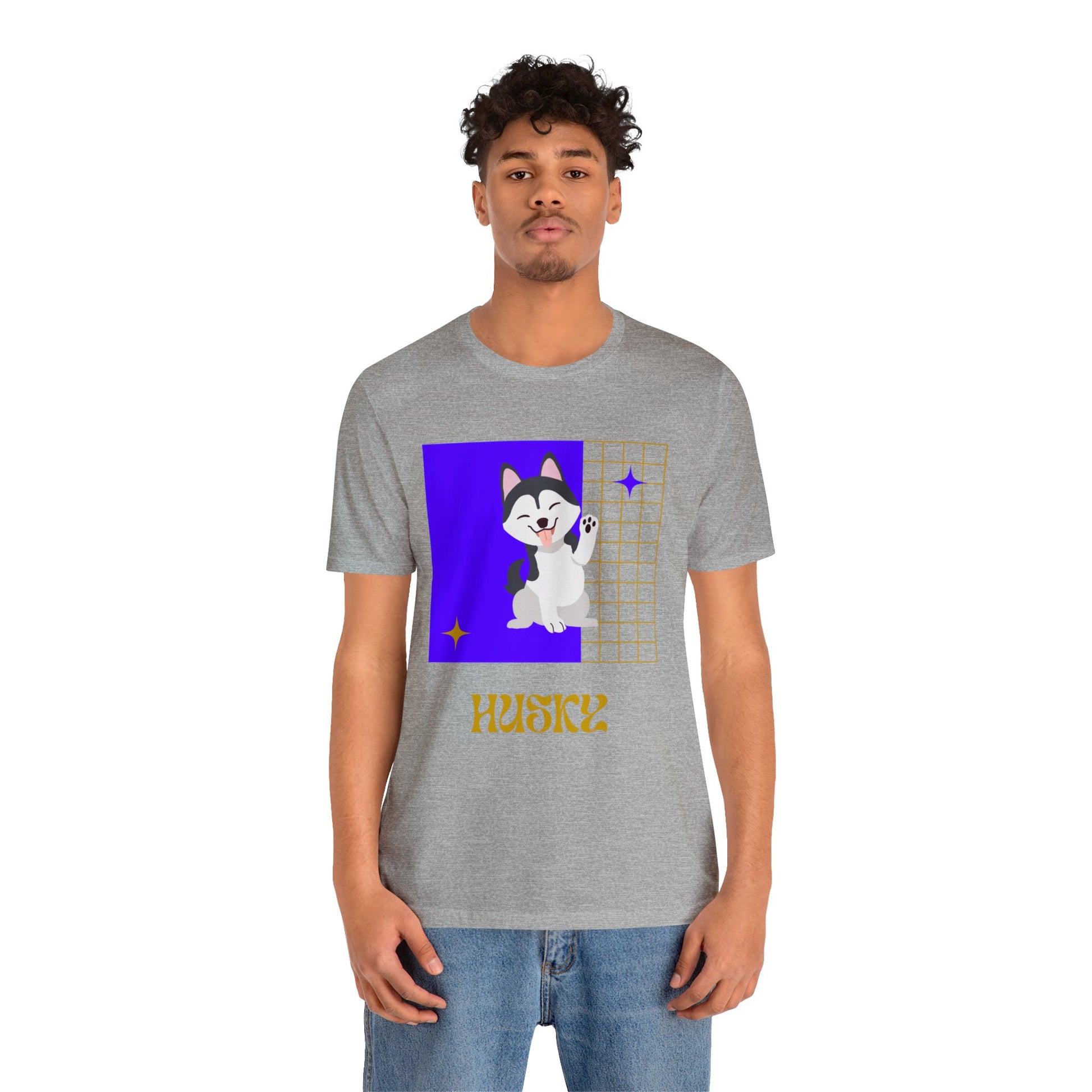 Heather gray t-shirt with husky-inspired purple and gold design, laid out with white sneakers and high-waisted denim—everyday gameday look.