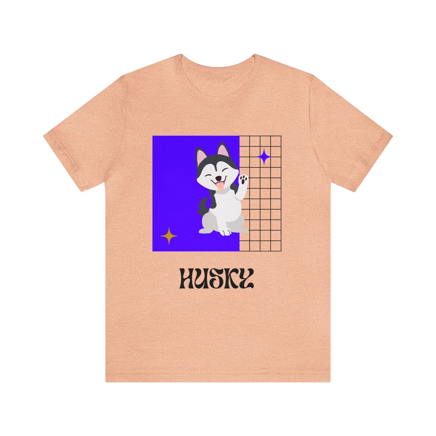 Heather peach gameday shirt featuring husky-inspired pup design in school colors, styled with high-rise shorts and statement earrings.