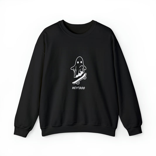 Halloween sweatshirt with ghost riding skateboard and Hey! Boo text, perfect for spooky season”