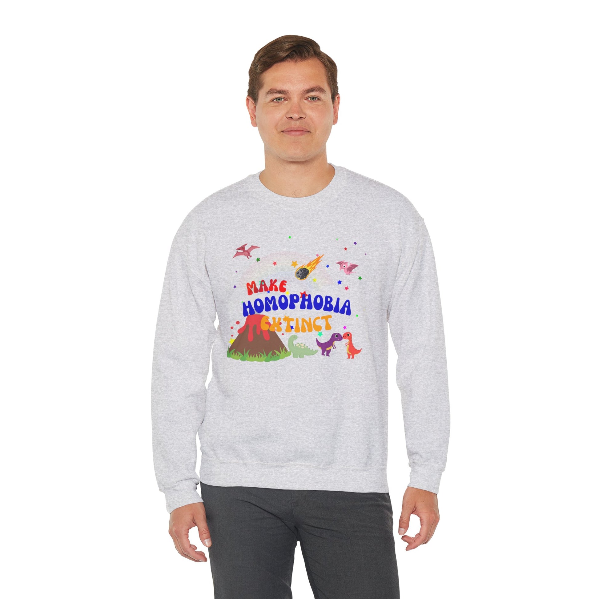 Classic light gray crewneck sweatshirt featuring playful dinosaurs and “Make Homophobia Extinct” text—cozy, bold, and full of LGBTQ+ pride.