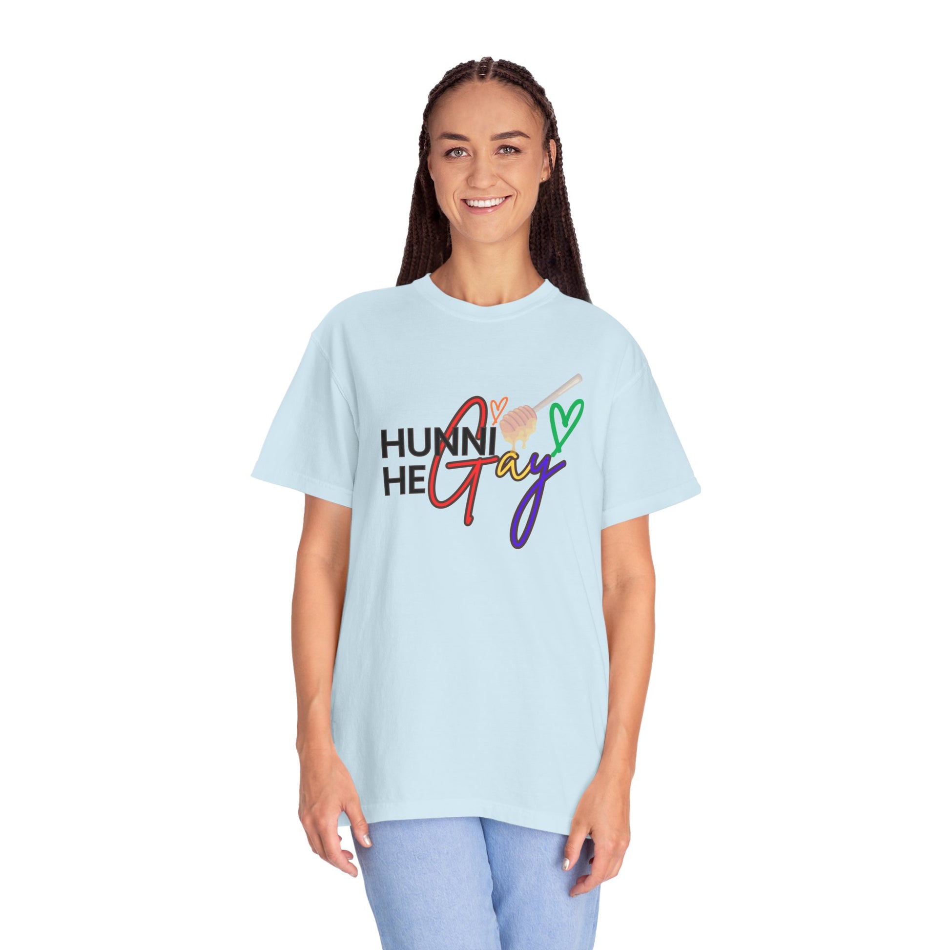 Soft baby blue t-shirt featuring "Hunni He Gay" in bold rainbow text, a vibrant and unapologetic statement of LGBTQ+ pride.