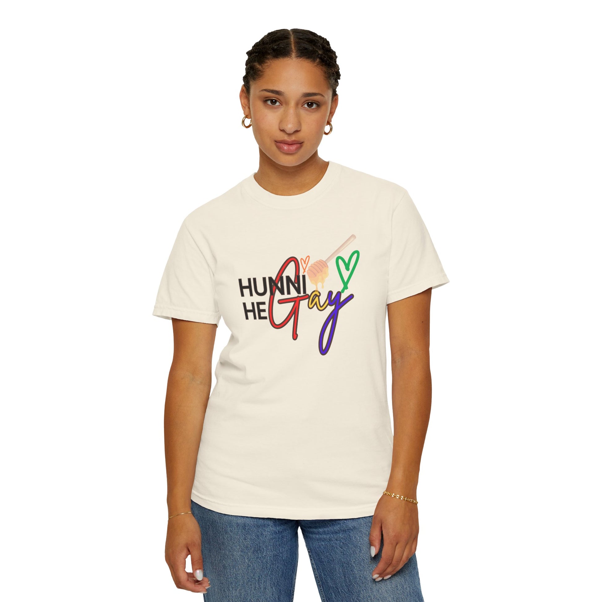 Neutral beige t-shirt featuring "Hunni He Gay" in bold rainbow lettering, a stylish and understated Pride statement.