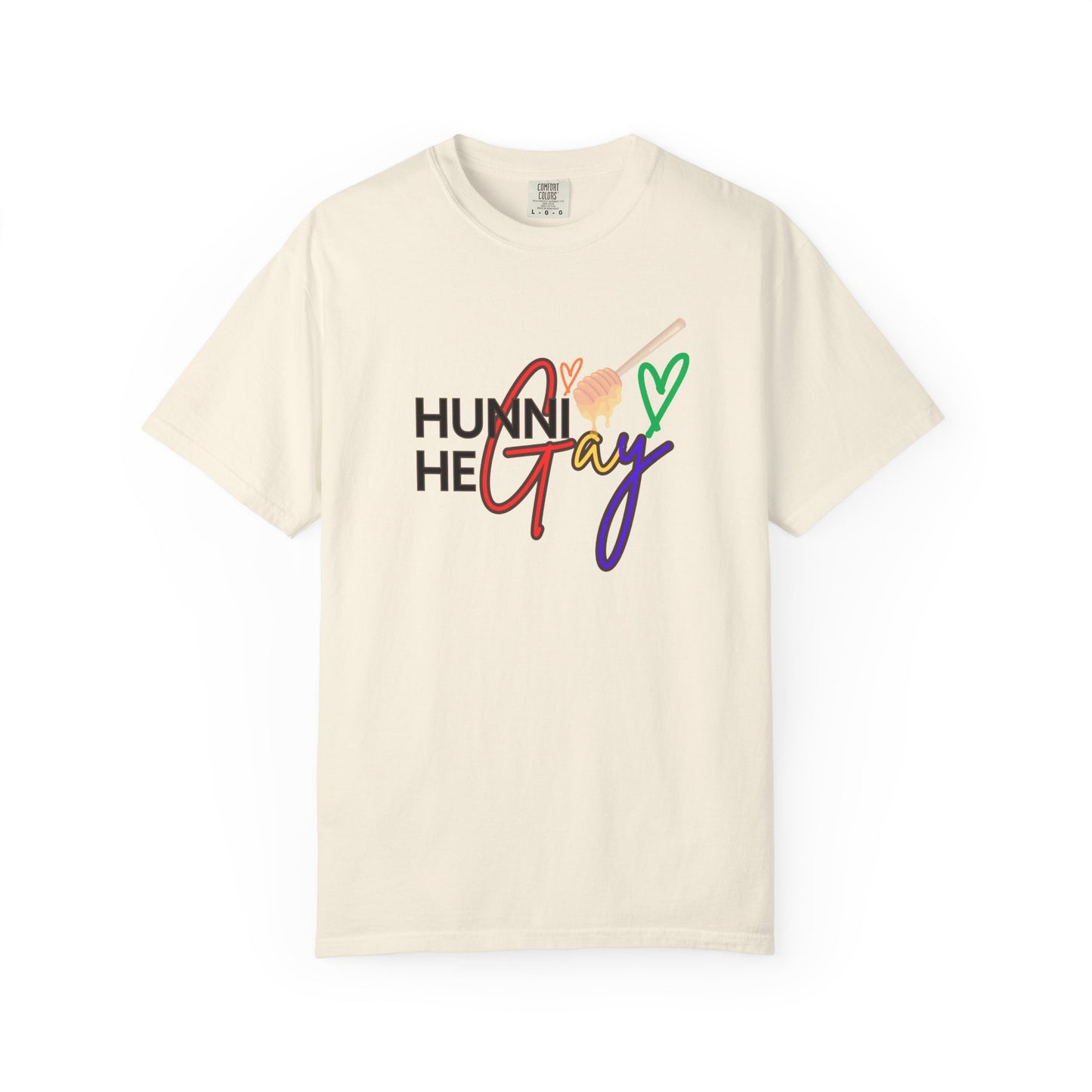 Neutral beige "Hunni He Gay" t-shirt with bright rainbow text, offering an understated yet powerful Pride expression.