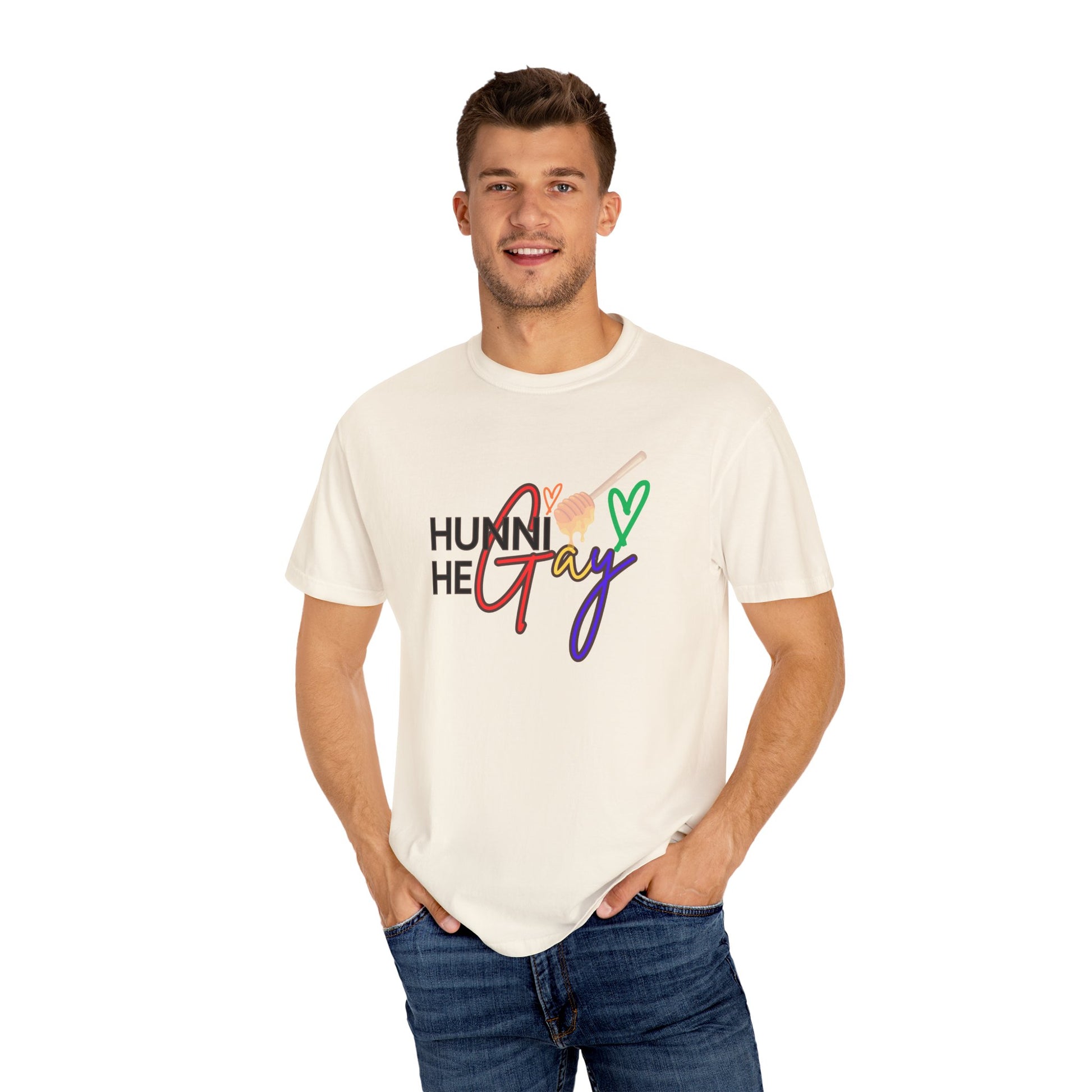 Soft beige tee with vibrant "Hunni He Gay" typography, blending casual comfort with a powerful LGBTQ+ allyship message.
