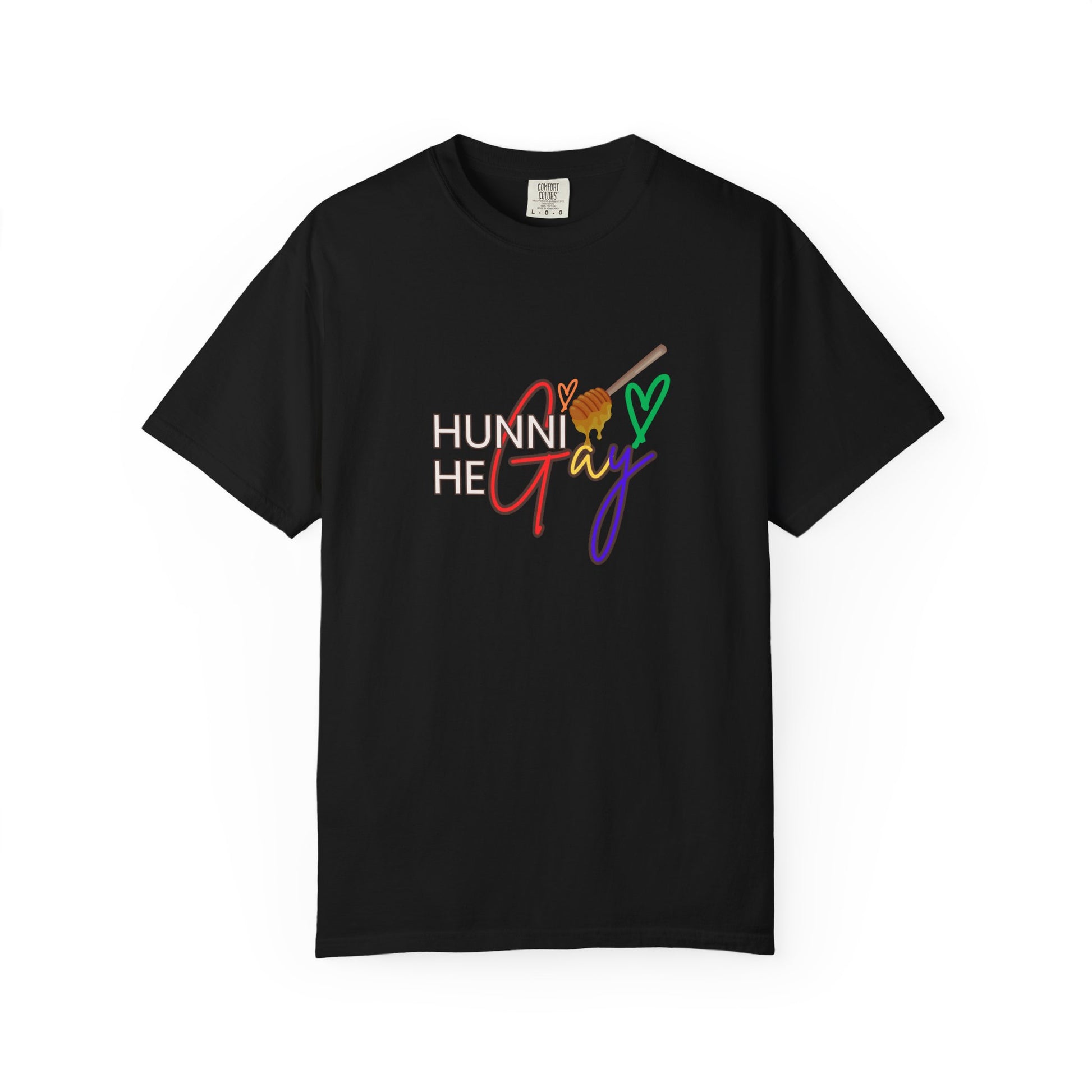 Minimalist black LGBTQ+ t-shirt with “Hunni He Gay” in striking typography—blending simplicity with bold self-expression.