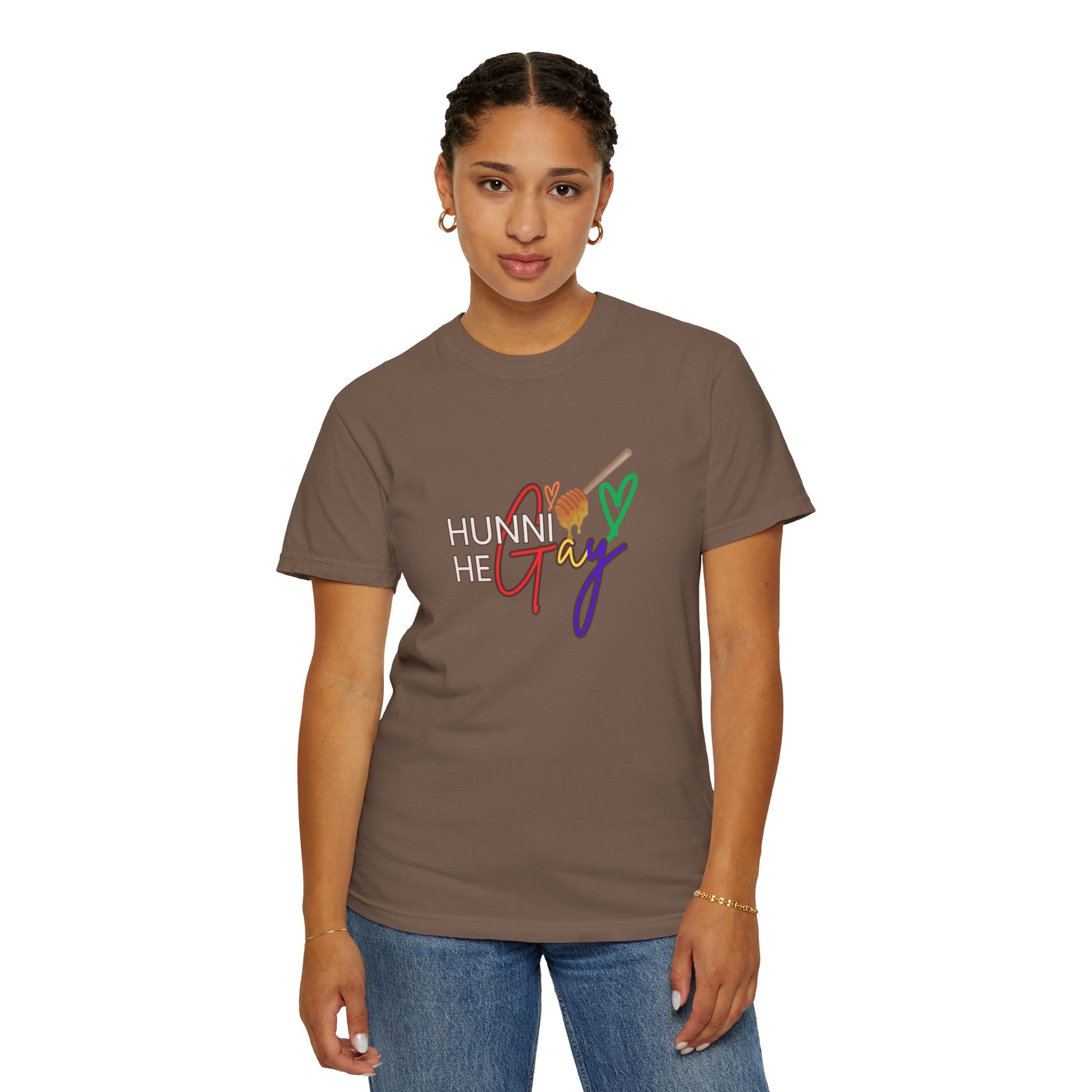 Rich coffee brown “Hunni He Gay” t-shirt with crisp white lettering—stylish, warm, and full of LGBTQ+ pride.