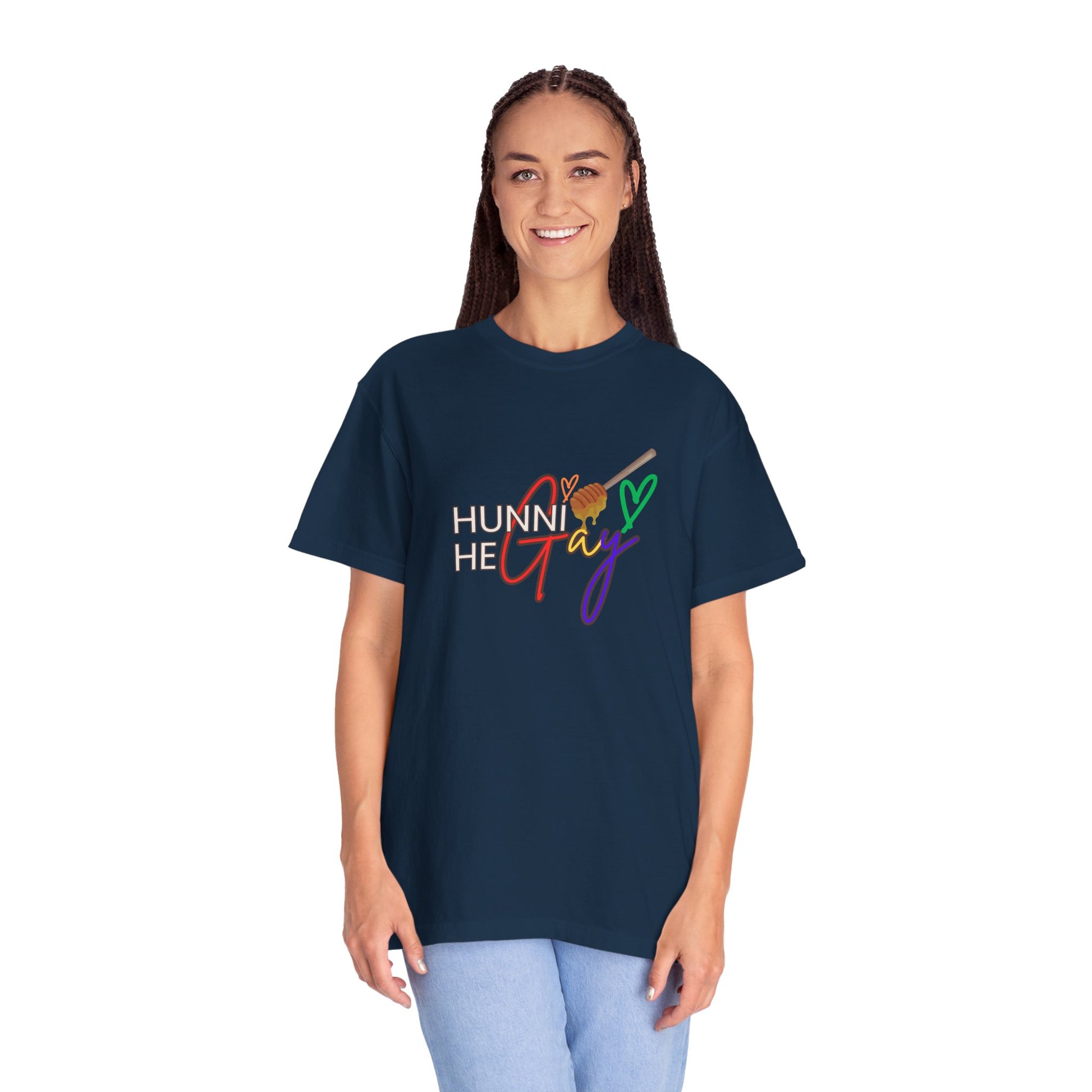 Deep navy “Hunni He Gay” t-shirt with crisp white lettering—classic, confident, and perfect for Pride