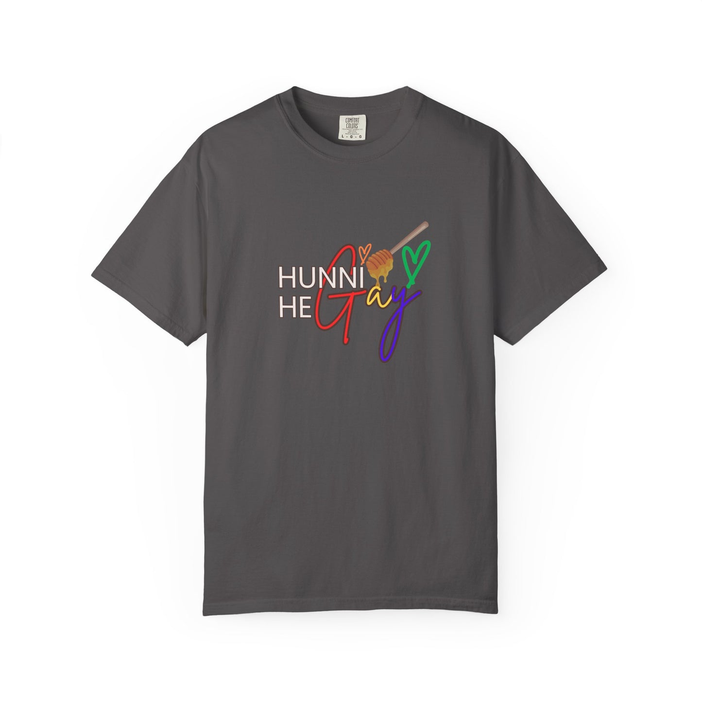 Dark gray “Hunni He Gay” t-shirt with crisp white lettering—sleek, modern, and perfect for everyday Pride wear.