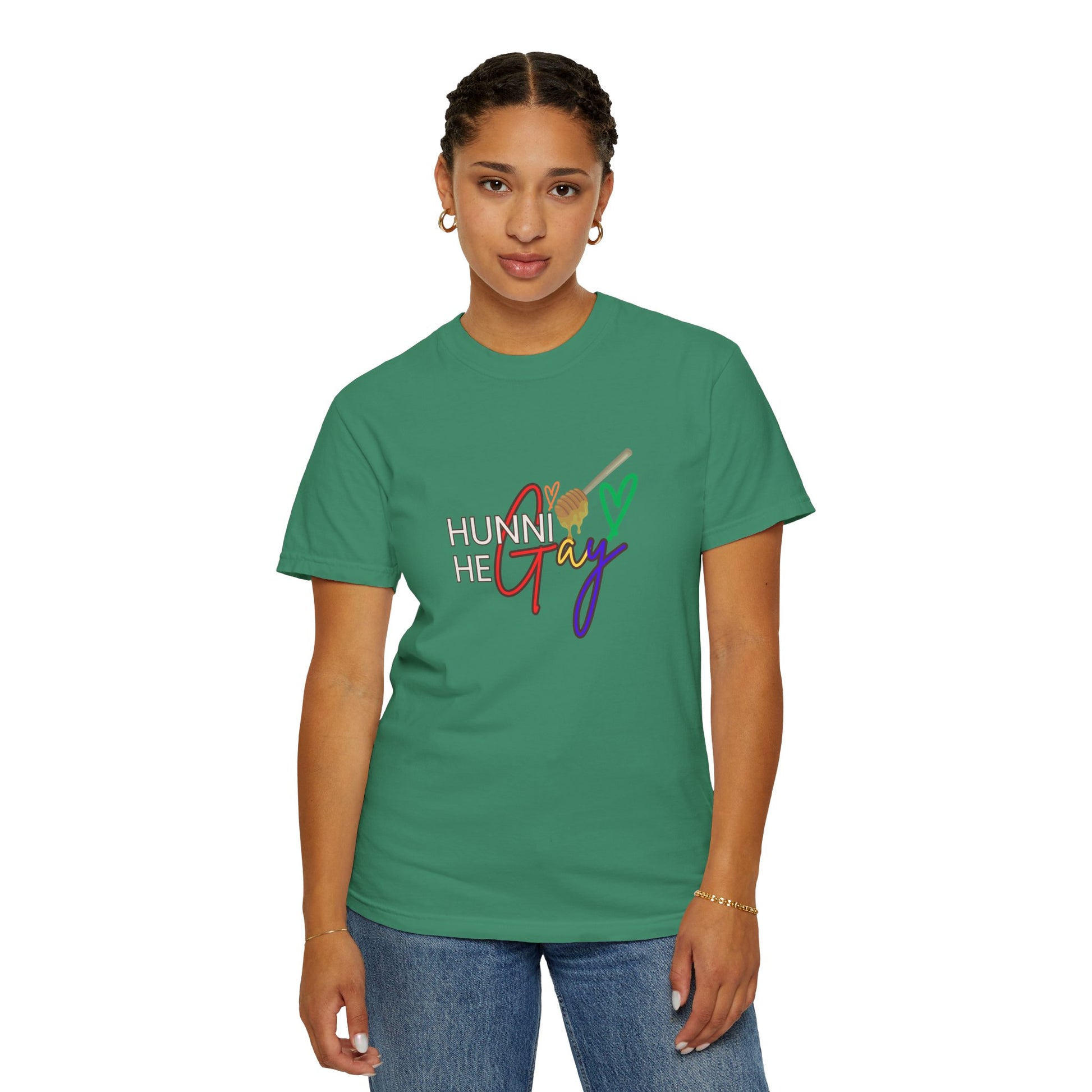 Deep forest green “Hunni He Gay” t-shirt with crisp white lettering—classic, confident, and full of LGBTQ+ pride