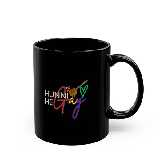 Trendy “Hunni He Gay” mug—black ceramic with bold lettering, the perfect statement piece for LGBTQ+ pride.