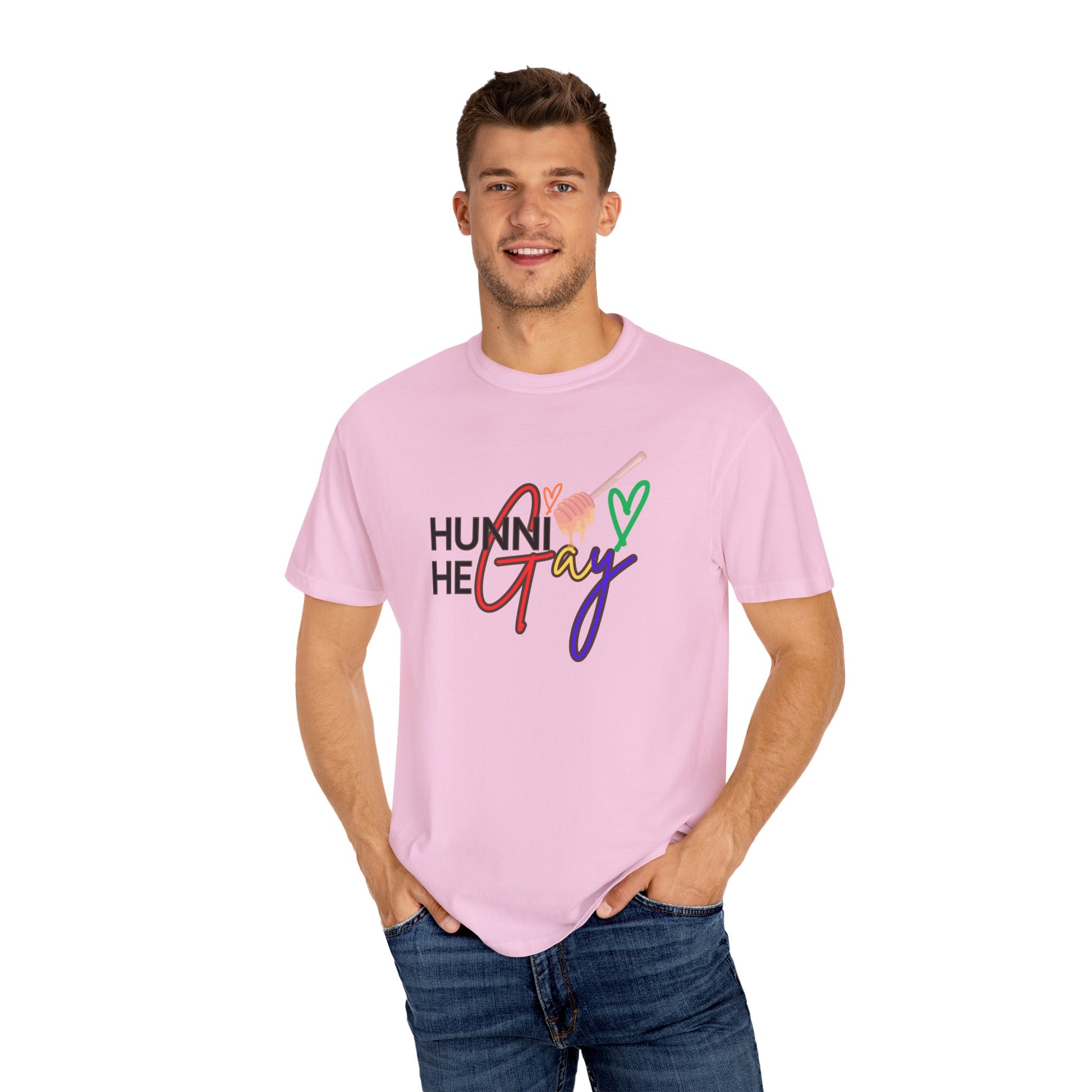 Soft pastel pink tee with vibrant "Hunni He Gay" text, celebrating LGBTQ+ pride with a fun and expressive design.