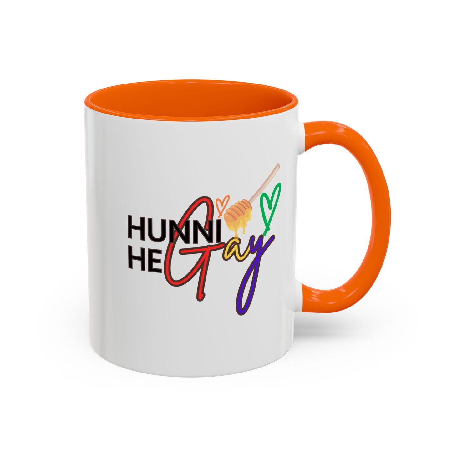 Vibrant ceramic drinkware featuring "Hunni He Gay" in a playful rainbow design, highlighted by a lively orange handle and rim for a standout Pride piece.
