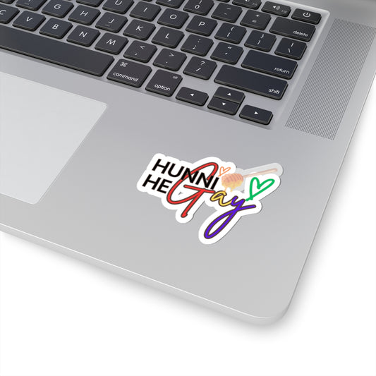 A funky Pride sticker featuring "Hunni He Gay" in a wavy retro font with layered neon rainbow effects.