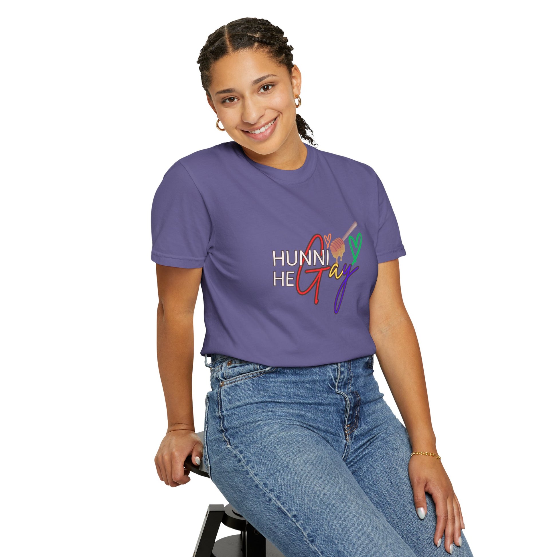 Rich purple “Hunni He Gay” t-shirt with bold white lettering, blending vibrant style with Pride celebration.