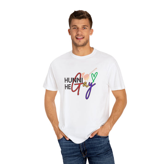 Bright white "Hunni He Gay" t-shirt with bold rainbow text, a lightweight and stylish Pride staple for everyday allyship.