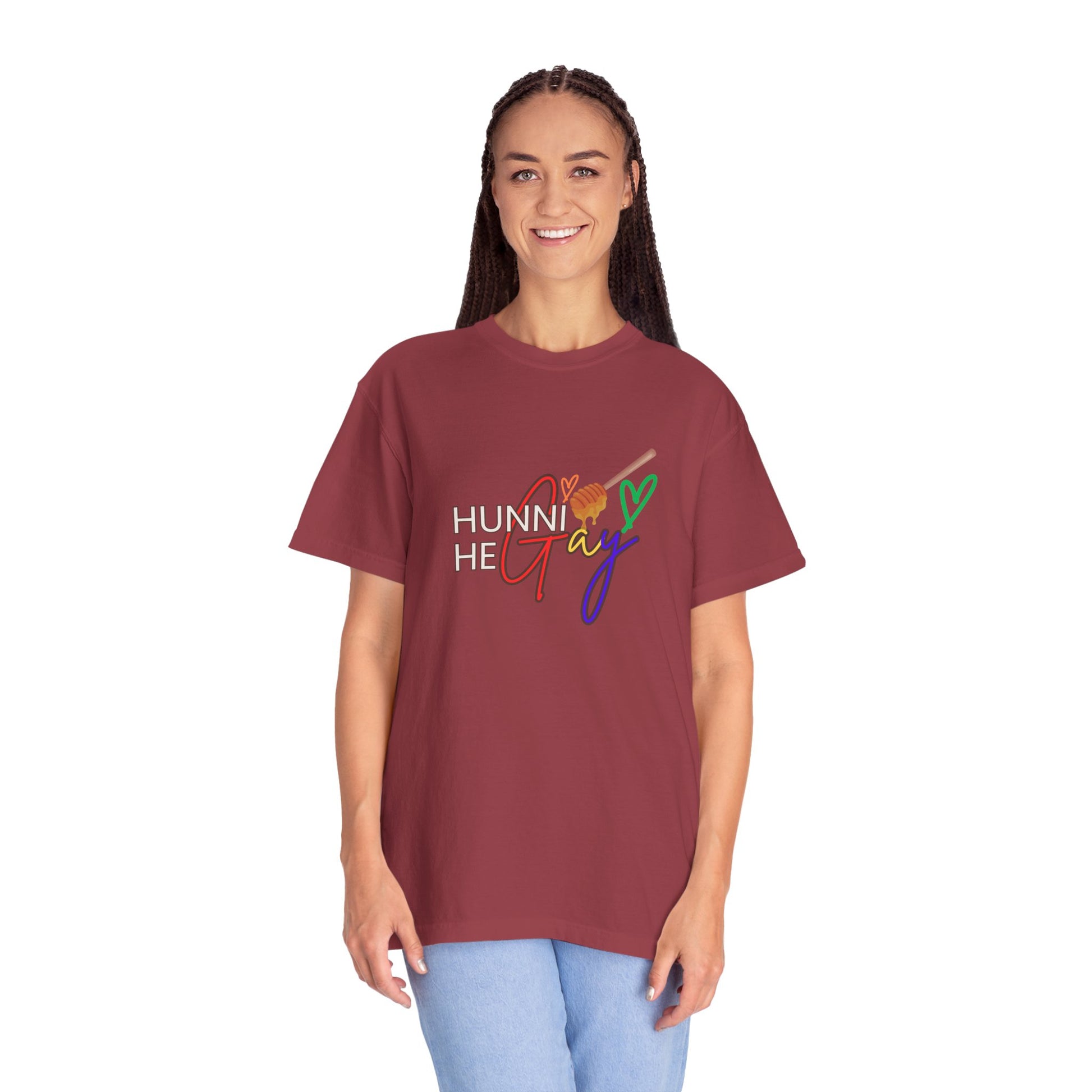 Wine-red "Hunni He Gay" t-shirt with bold white lettering, celebrating LGBTQ+ pride and self-expression.