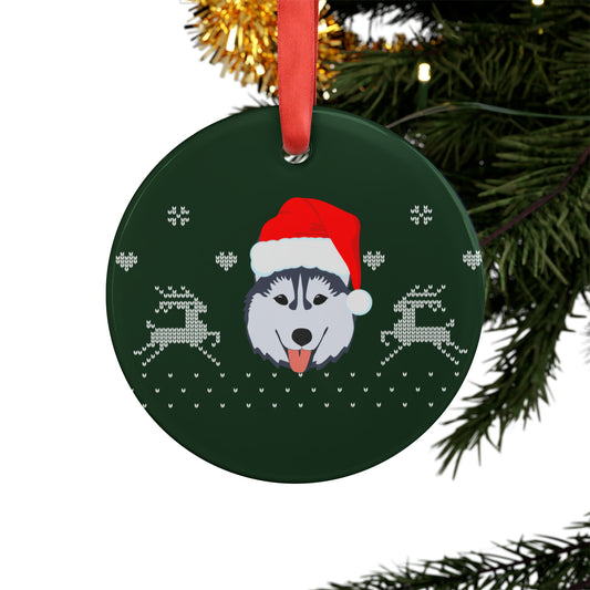 Purple and gold husky-inspired Christmas ornament hanging on a holiday tree, surrounded by twinkling lights and festive greenery—perfect for school spirit and dog lovers.