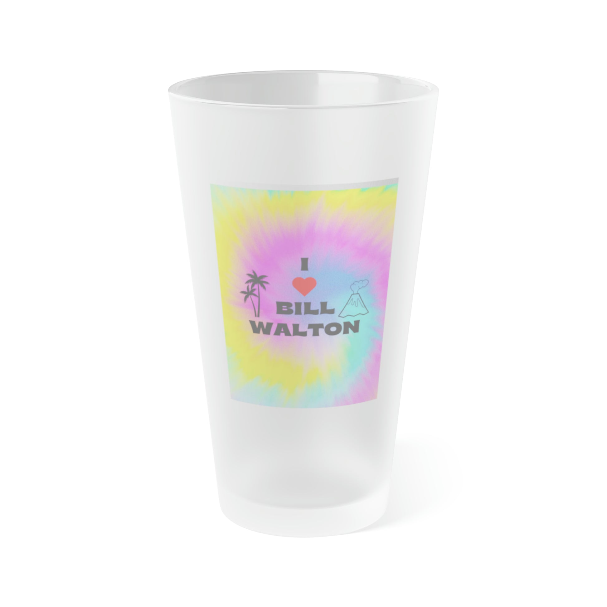I Love Bill Walton Tie-Dye Pint Glass featuring bold lettering and a vibrant tie-dye design celebrating a basketball legend.