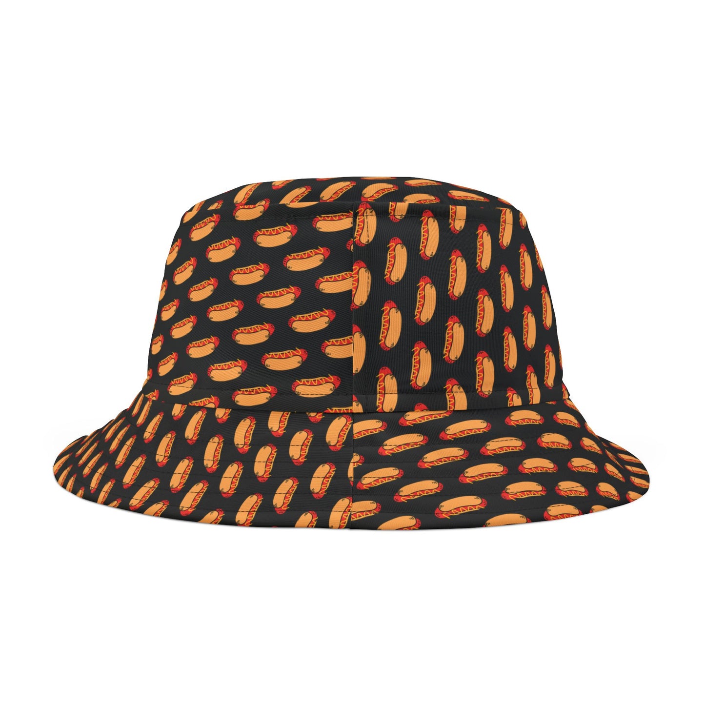 Casual black bucket hat with a quirky hot dog print—fun, festive, and great for summer cookouts.