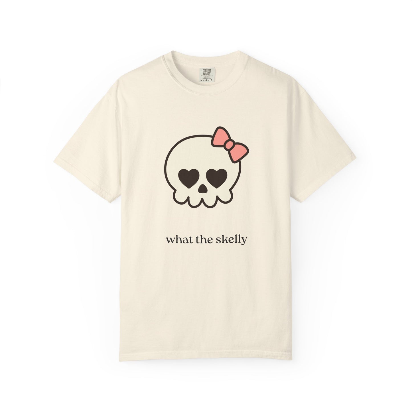 Ivory tee with QT Skelly skeleton design and cheeky Halloween message, styled for cozy fall vibes.
