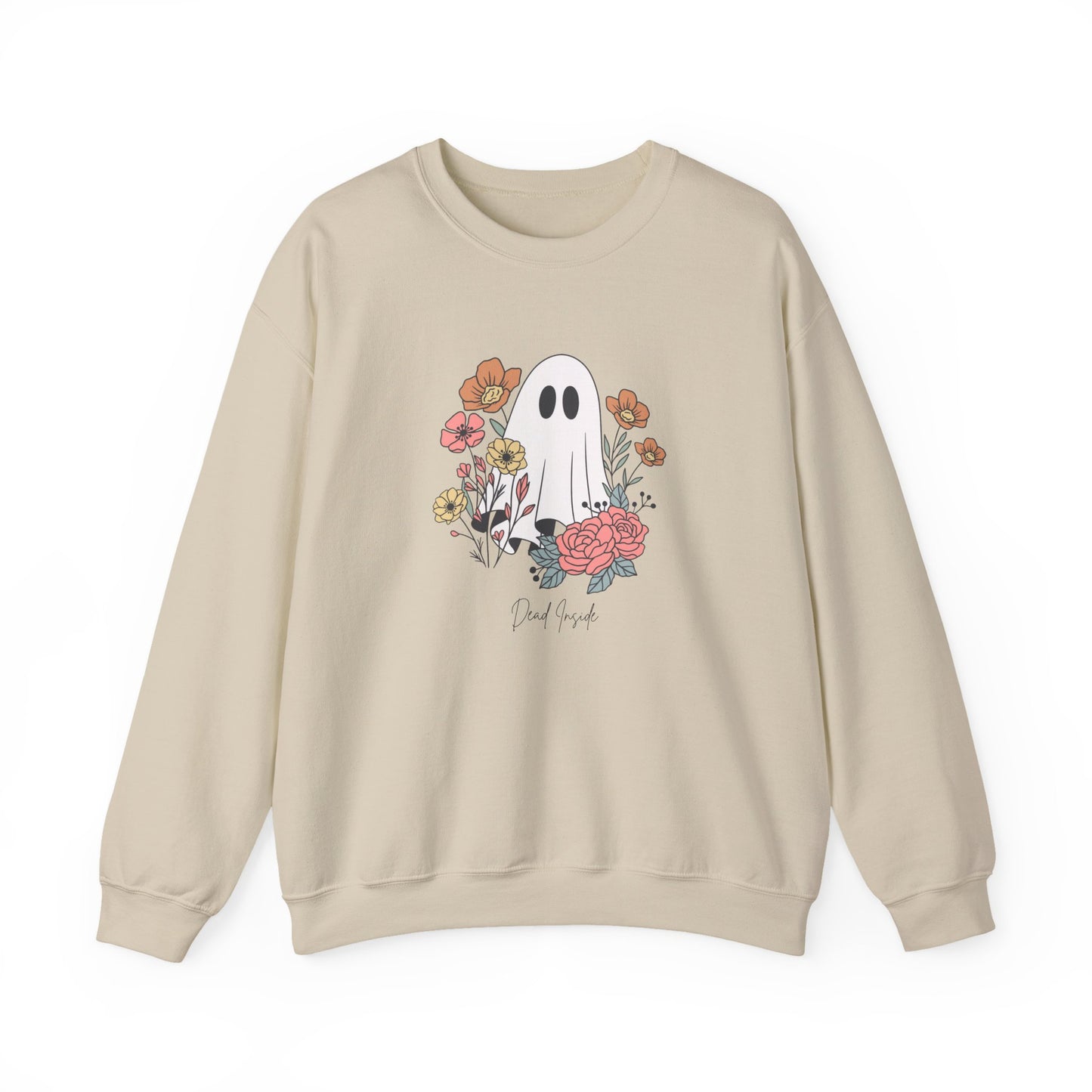 Ivory sweatshirt with “dead inside” ghost and flower design, styled for cozy fall fashion and whimsical spooky vibes.