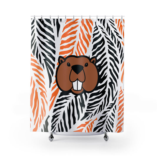 Front view of orange and black Jungle Beaver shower curtain hanging in a modern bathroom
