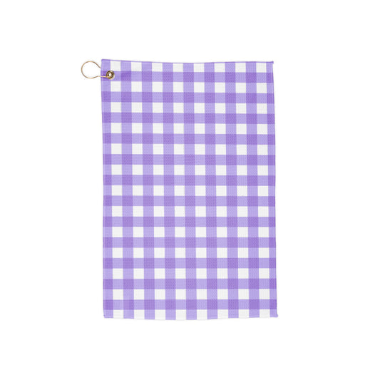 A gentle lavender gingham golf towel featuring a timeless checkered pattern. Light, airy, and effortlessly stylish for a vintage-chic look.
