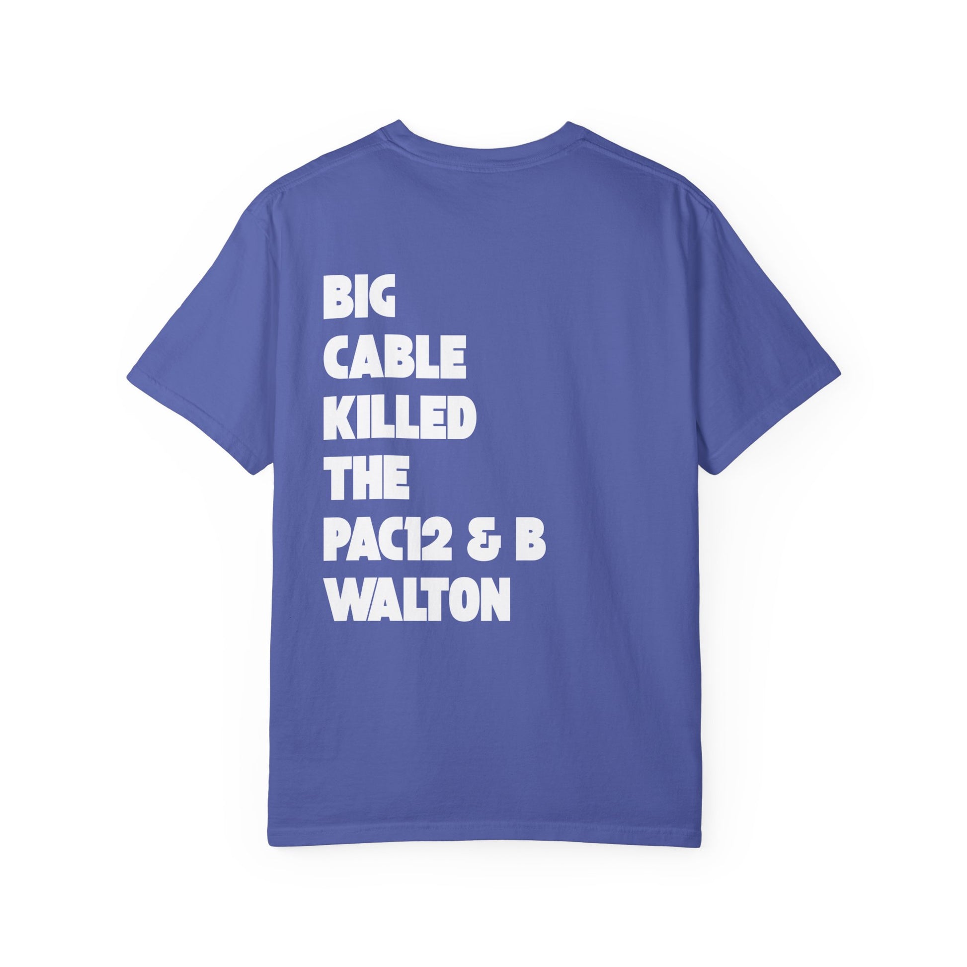 Lavender tee with front illustration of TV, skull, and football, plus back text calling out Big Cable and honoring Walton.
