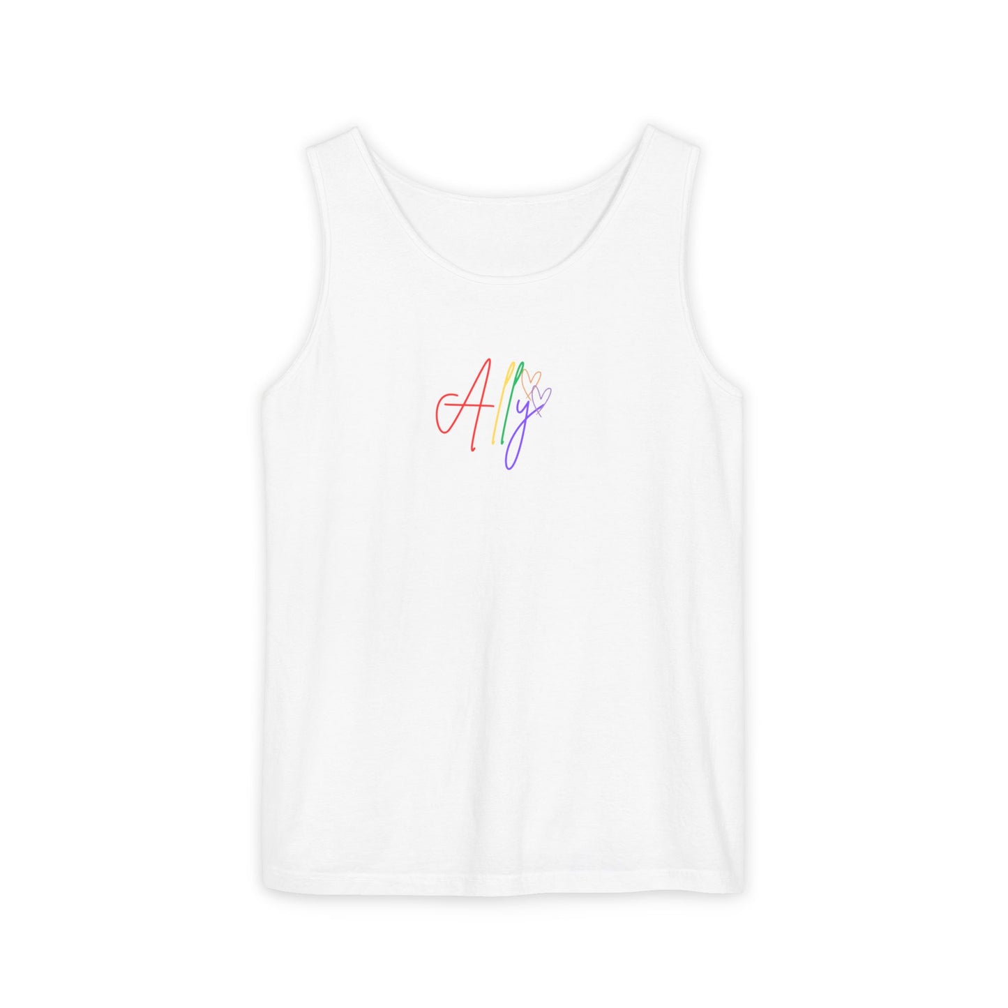 Vibrant rainbow typography spelling "Ally" across a sleek, gender-inclusive white tank top—perfect for Pride celebrations and everyday allyship.