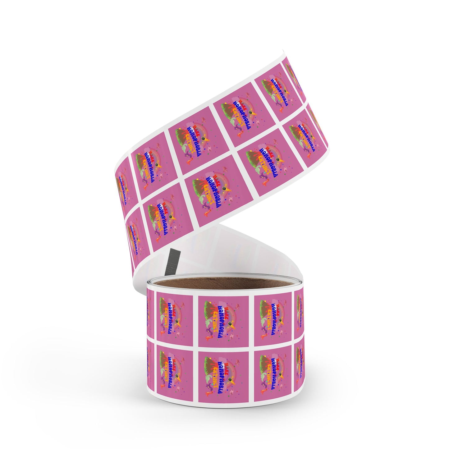 Bright pink LGBTQ+ sticker with a fierce dinosaur and “Make Homophobia Extinct” text—powerful, fun, and stylish.