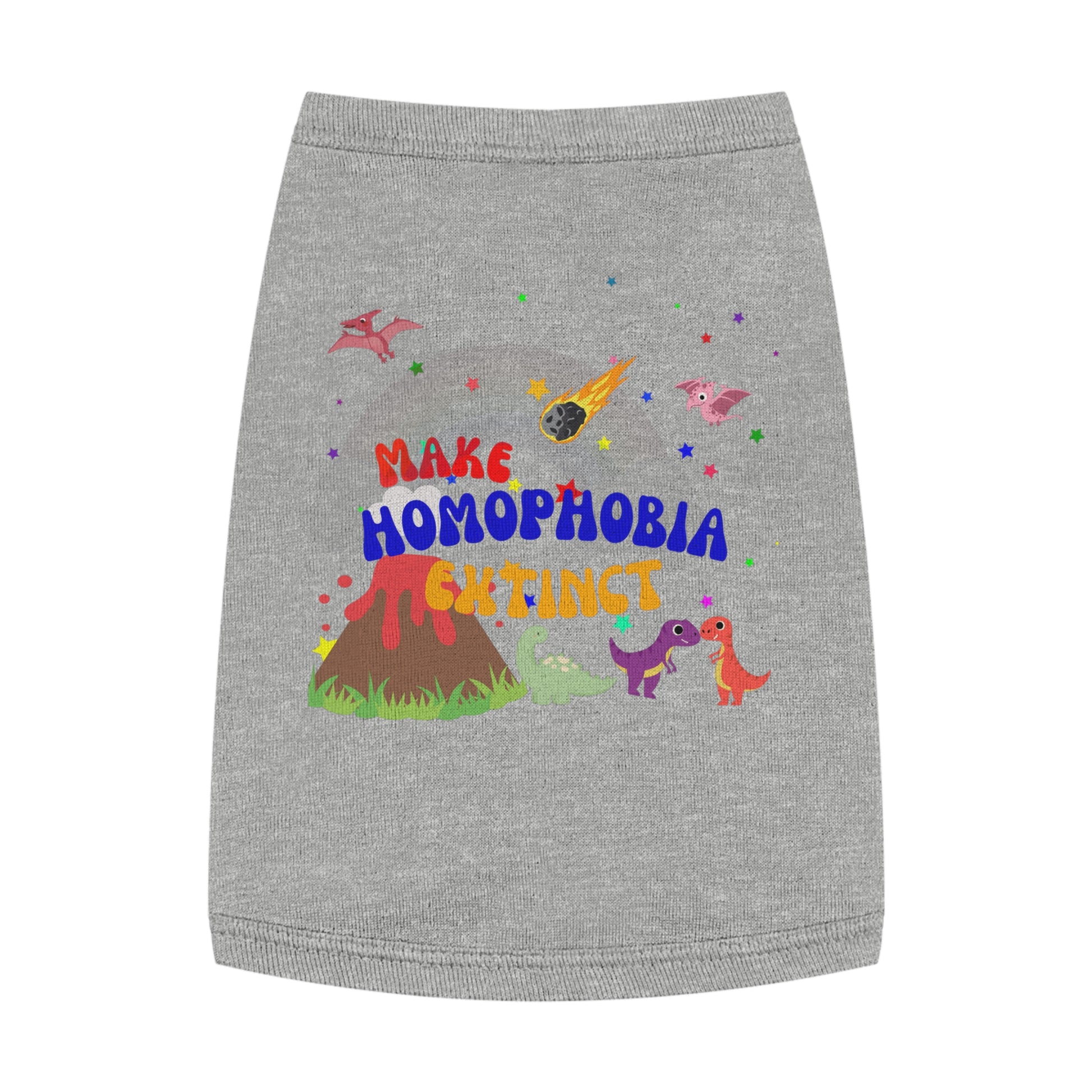 Minimalist gray LGBTQ+ t-shirt with a charming dinosaur and a dog, featuring “Make Homophobia Extinct” message—perfect for spreading love and inclusivity.