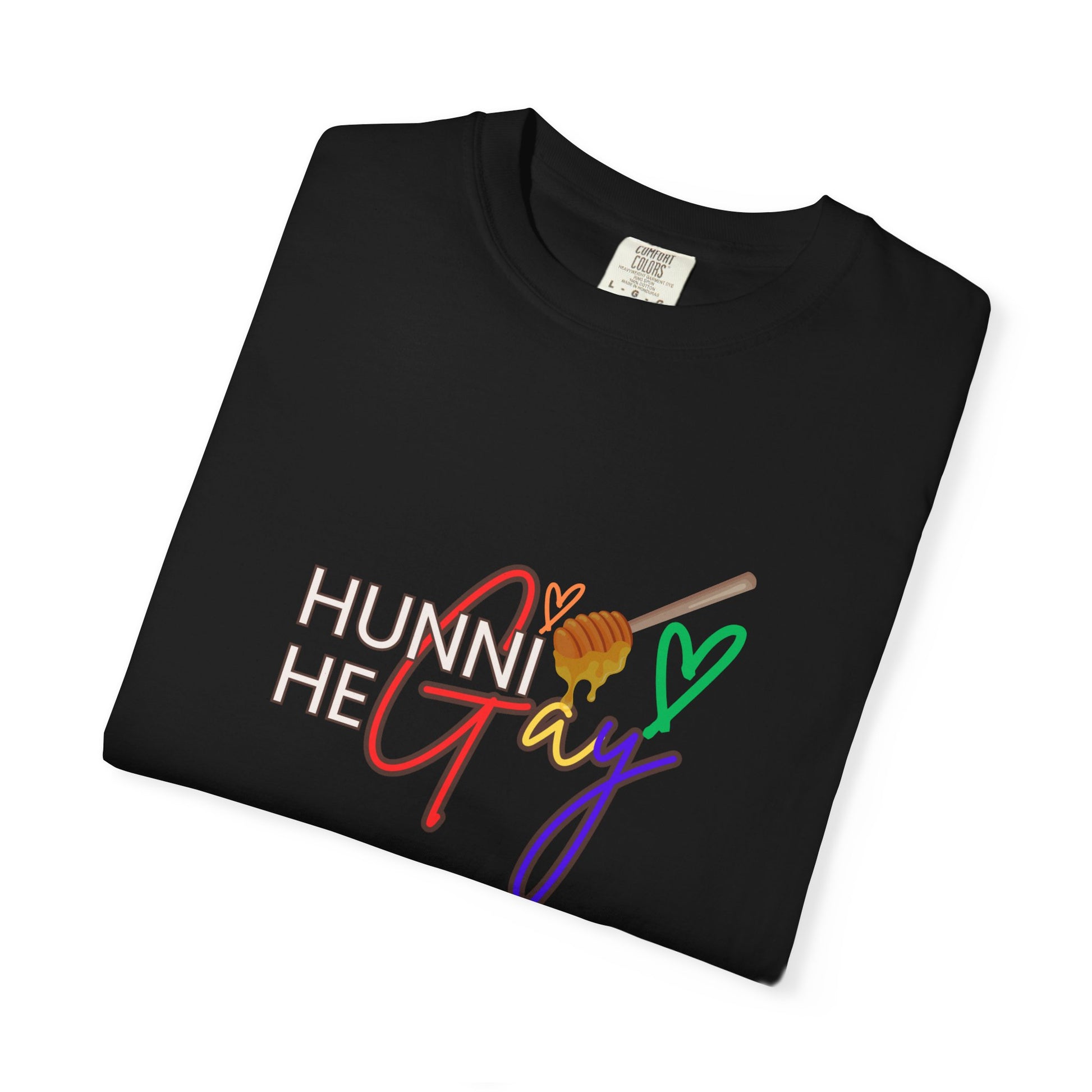 Deep black Pride t-shirt with “Hunni He Gay” printed across the chest—stylish, expressive, and effortlessly cool