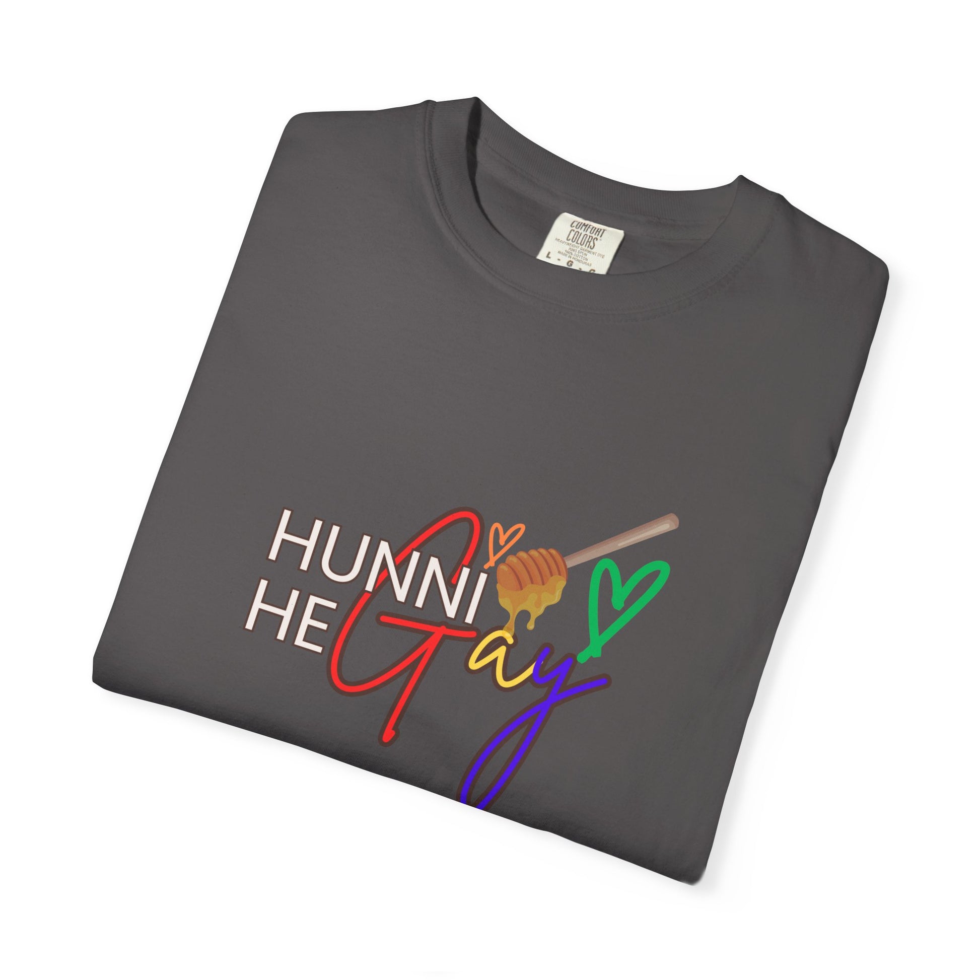 Muted charcoal LGBTQ+ t-shirt with “Hunni He Gay” printed across the chest—blending subtle sophistication with Pride energy.