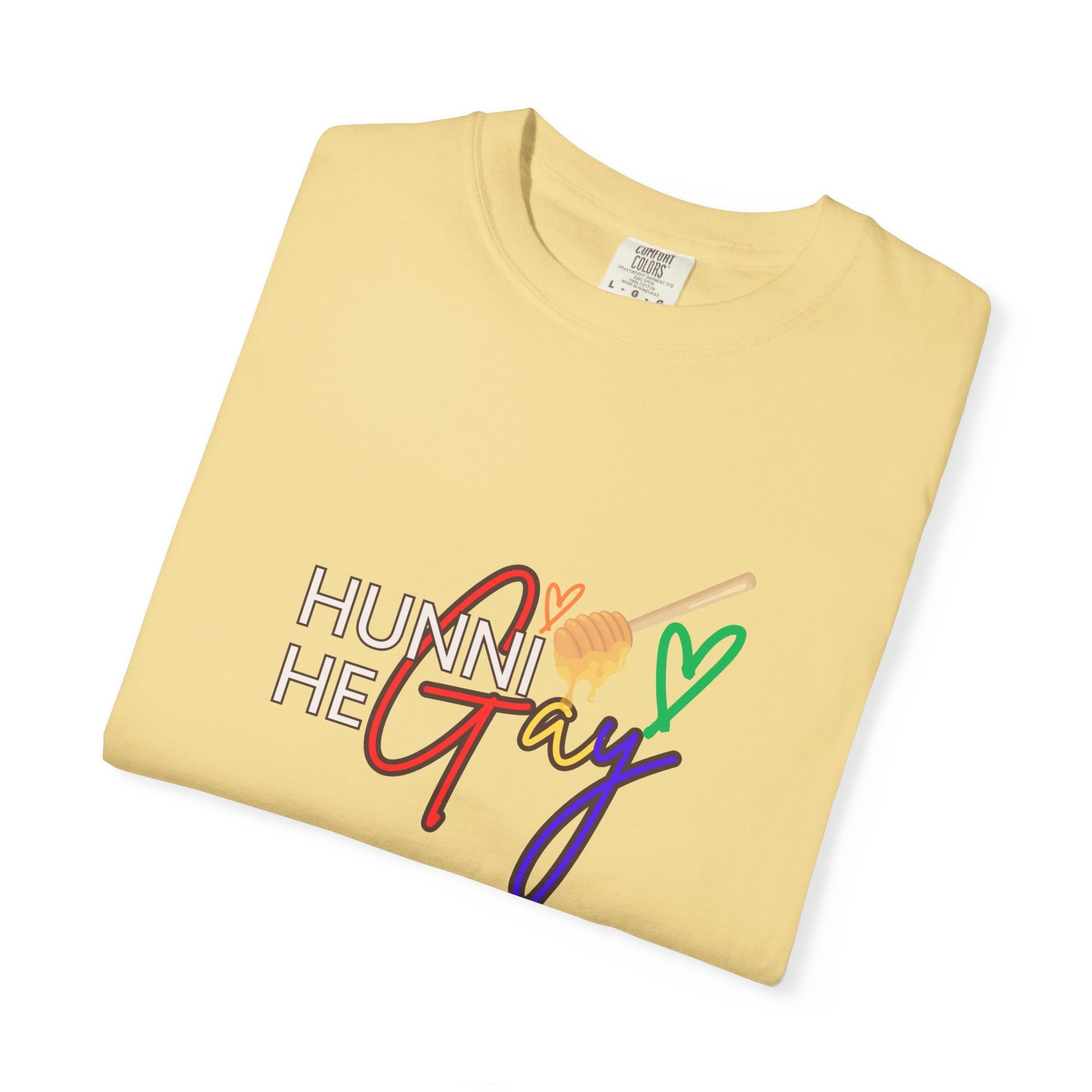 Light butter yellow Pride t-shirt with “Hunni He Gay” printed across the chest—fun, expressive, and effortlessly stylish